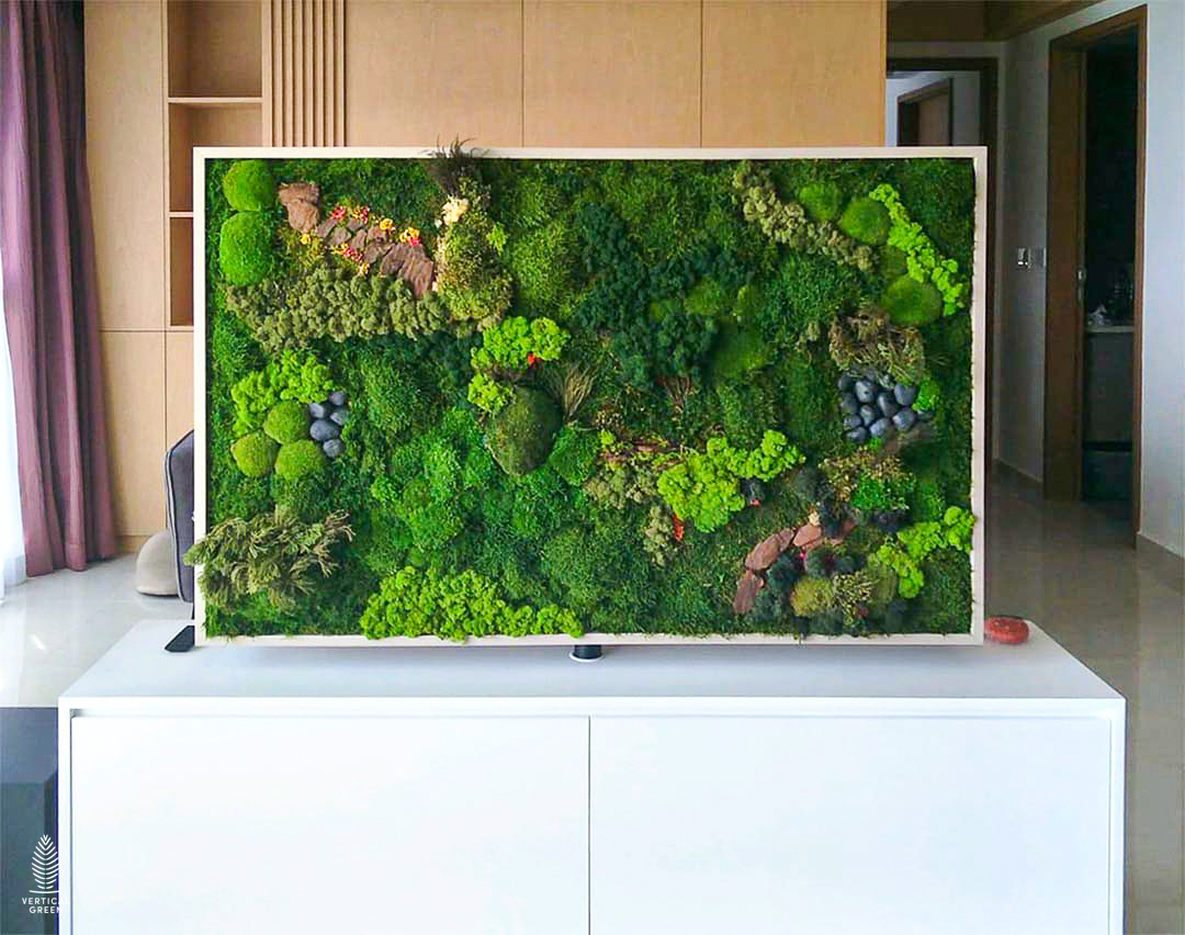 HyGroMoss with a framed panel on top of a white cabinet